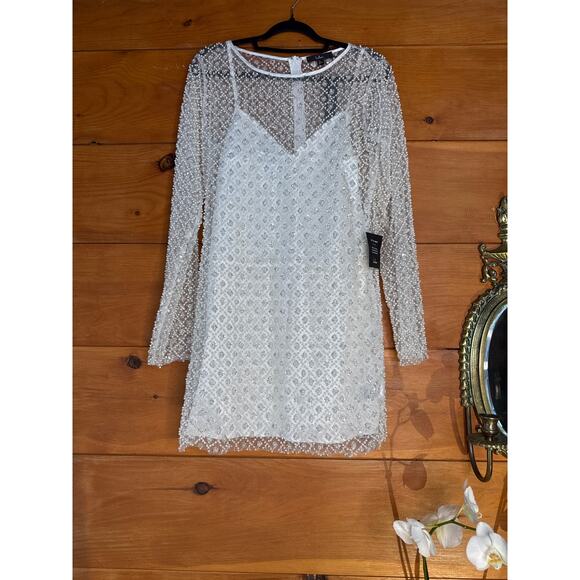 NWT Lulus Glowing Charisma White Sequin Pearl Mesh Long Sleeve Dress Bride Sz XL - Picture 2 of 11